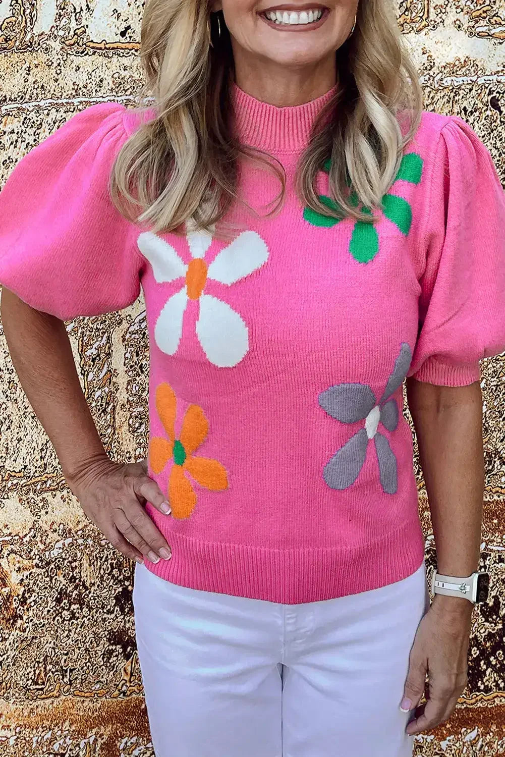 Bright Green 60s Floral Bubble Short Sleeve Knitted Top