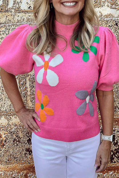Bright Green 60s Floral Bubble Short Sleeve Knitted Top