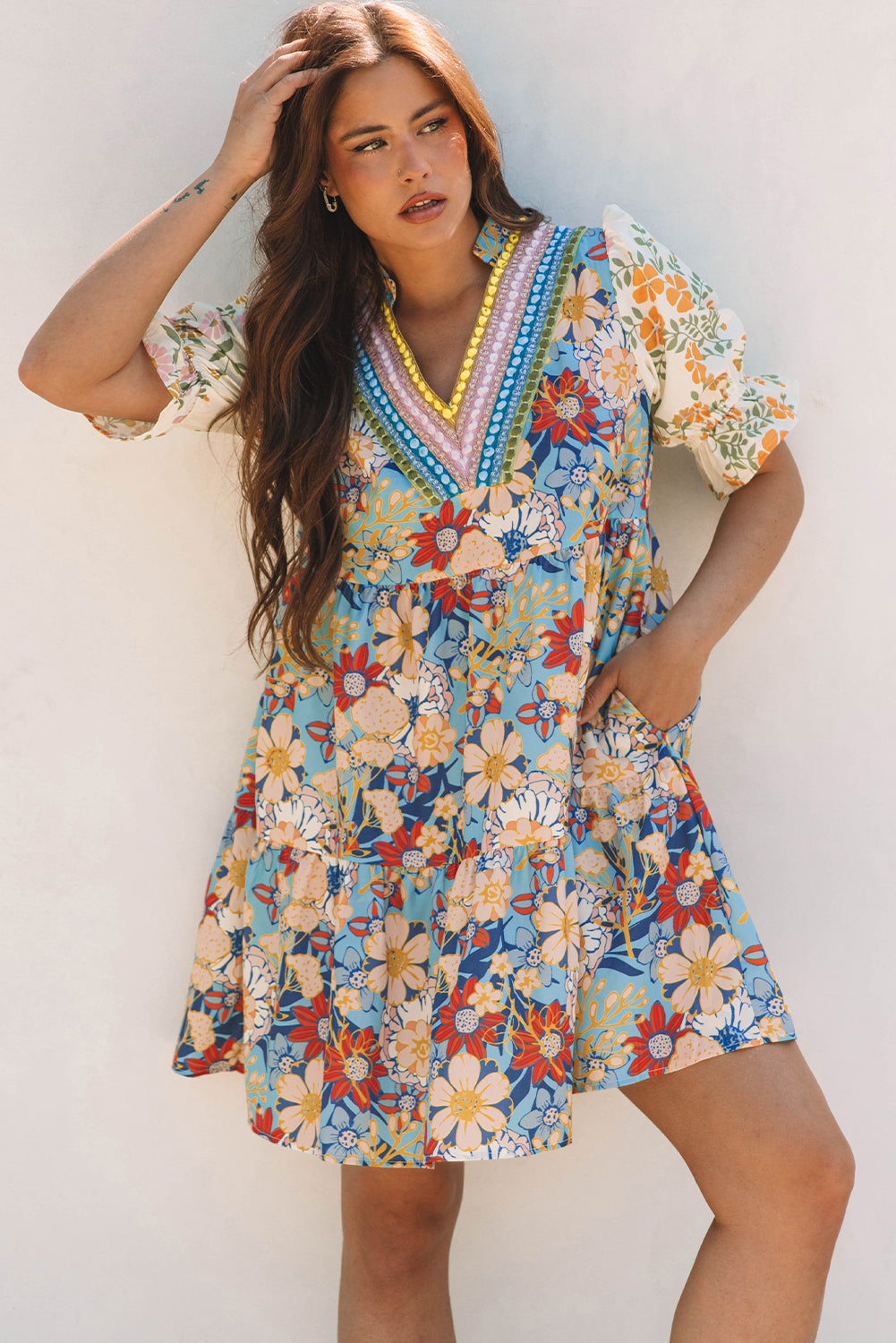 Livia Boho Floral Crochet V Neck Dress