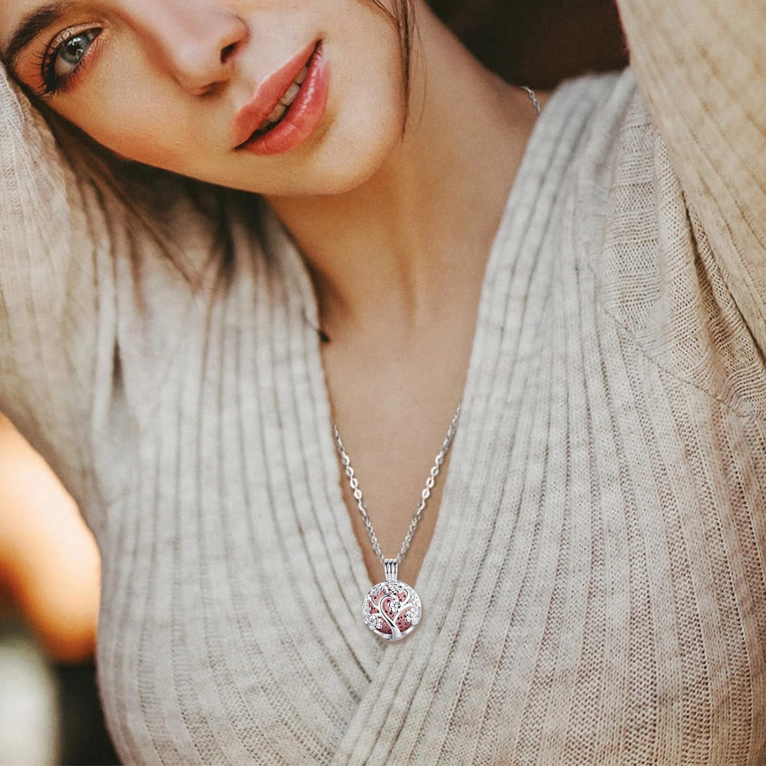 Sakura Tree Aromatherapy Necklace, Essential Oils Diffuser Locket Pendant with 7 PCS Lava Rock Stones and 24" Link Chain