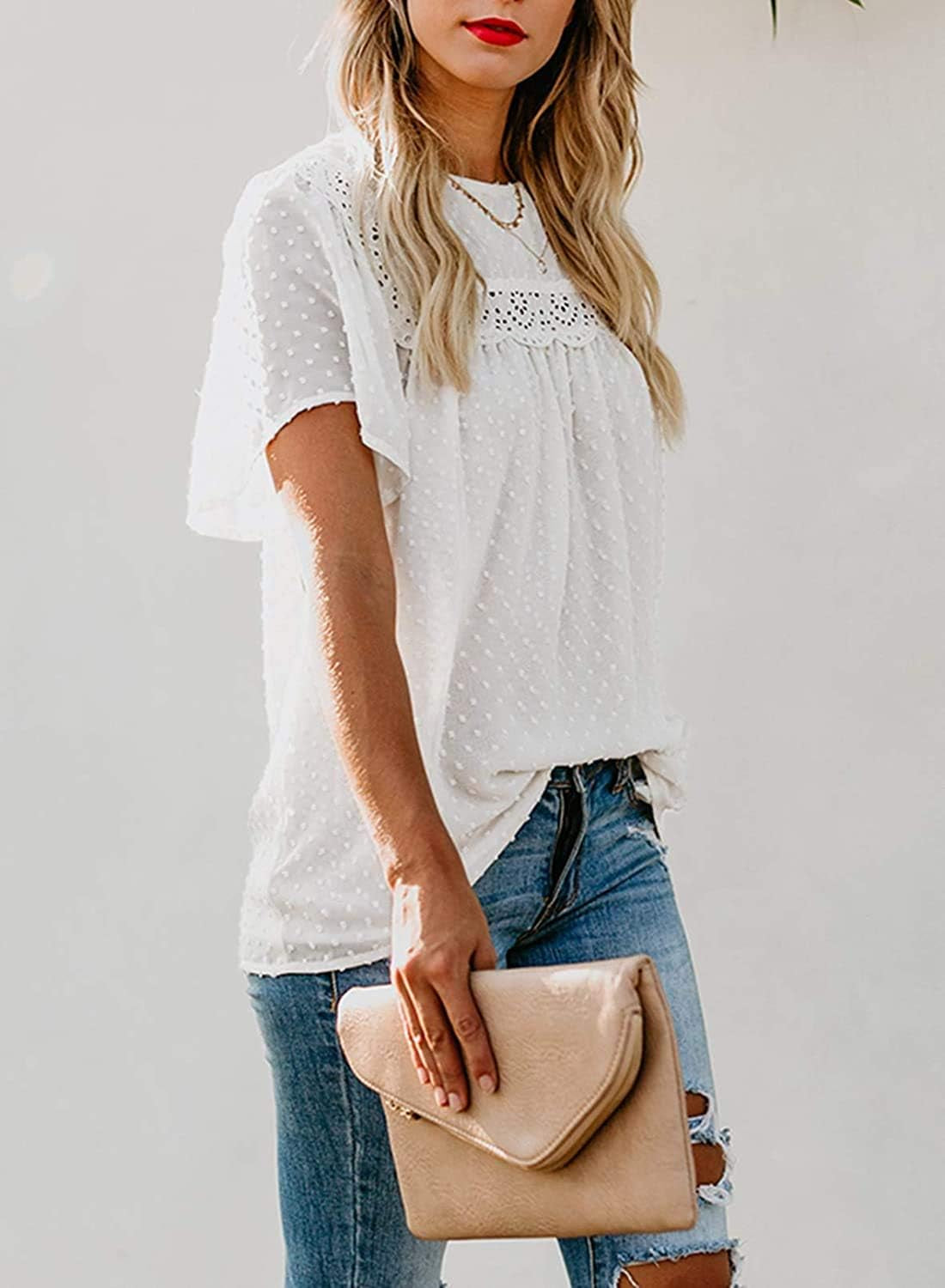 Plus Size Womens Summer Tops Blouses - Ladies Short Sleeve Crochet Lace Chiffon Blouse Polka Dots Boho Flowy Tunic Shirts White