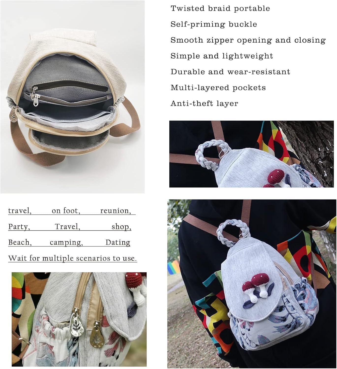 Women Cotton Woven Bohemian Hemp Boho Canvas Embroidery Multi Pocket Retro Cute Backpack Wallet Backpack（Mushroom）