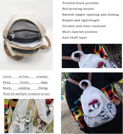 Women Cotton Woven Bohemian Hemp Boho Canvas Embroidery Multi Pocket Retro Cute Backpack Wallet Backpack（Mushroom）