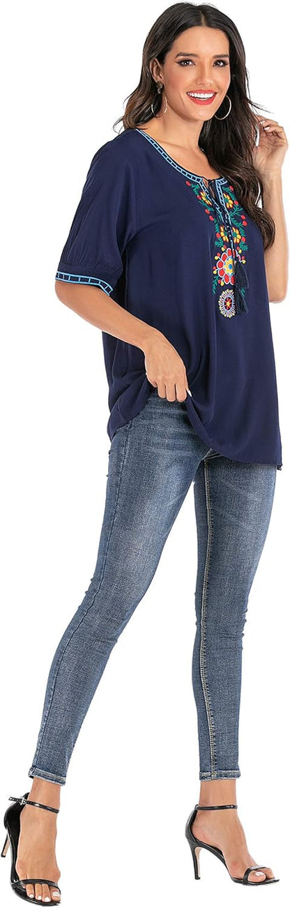 Women'S Summer Boho Embroidered Mexican Bohemian Tops Tassel Short Sleeve Casual Blouse