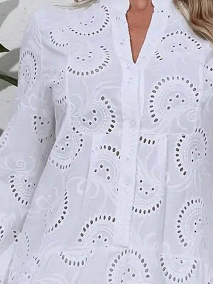 Cotton Embroidered Hollow Tiered Button Dress
