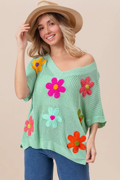 Flower Patches Dolman Sleeve Lightweight Sweater