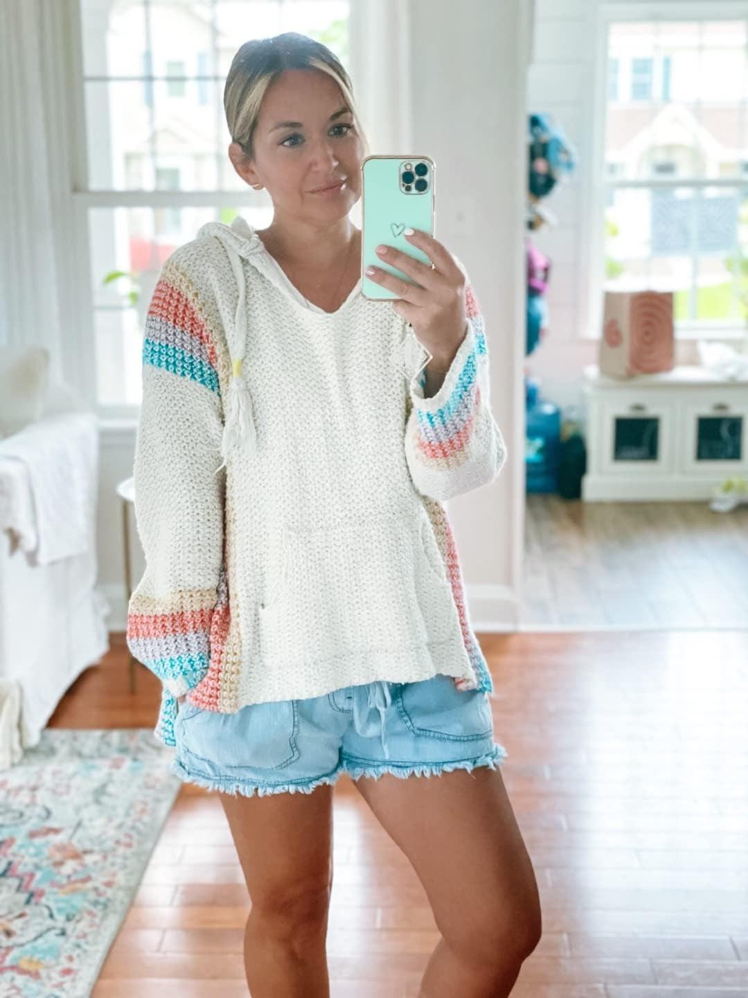 Women Boho Sweater Hooded Hoodie Baja Colorblock Pullover Striped V Neck Mexican Knit Christmas Sweatshirt