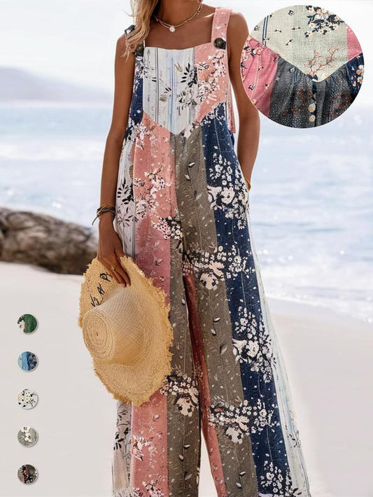 Plus Size All over Print Button Design Overall Jumpsuit, Boho Sleeveless Wide Leg Jumpsuit for Beach Holiday Vacation, Women'S Clothes for Summer