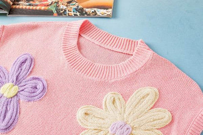 Hannah Crochet Flower Knit Short Sleeve Sweater To