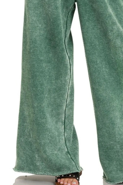 Acid Wash Fleece Palazzo Sweatpants with Pockets