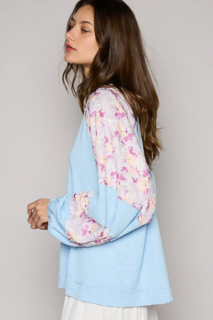 POL Clothing Round Neck Balloon Floral Long Sleeve Womens Top