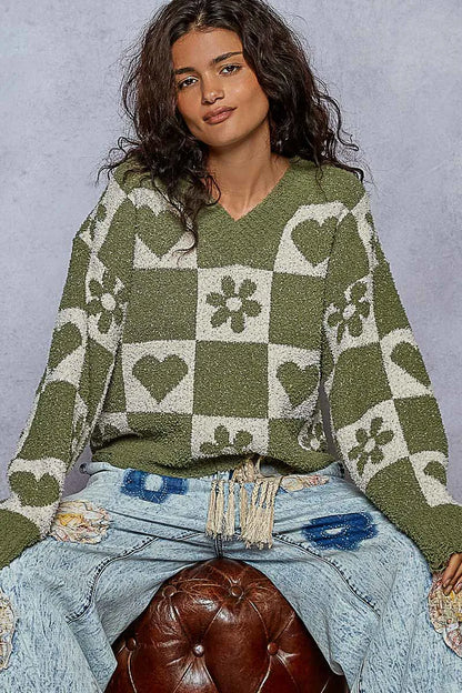 POL V-Neck Heart Pattern Checkered Sweater