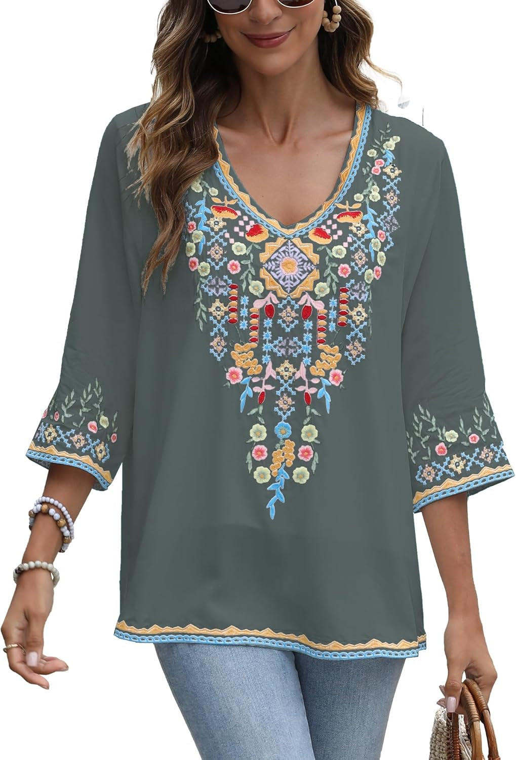 Mexican Embroidered Shirts for Women Bohemian Tops Peasant 3/4 Sleeve V Neck Shirt Tunic Blouses