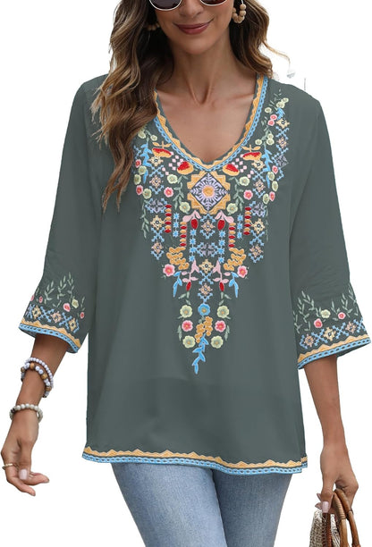 Mexican Embroidered Shirts for Women Bohemian Tops Peasant 3/4 Sleeve V Neck Shirt Tunic Blouses