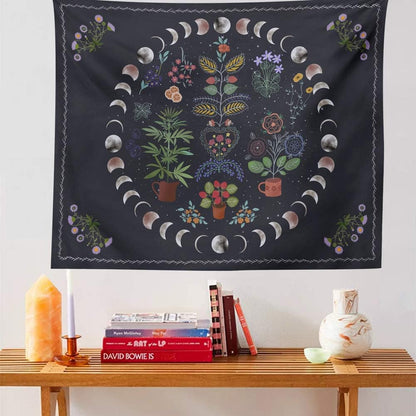 Botanical Moon Phase Wall Hanging - Floral Plants Boho Mandala Wall Tapestry for Bedroom Aesthetic Home Dorm