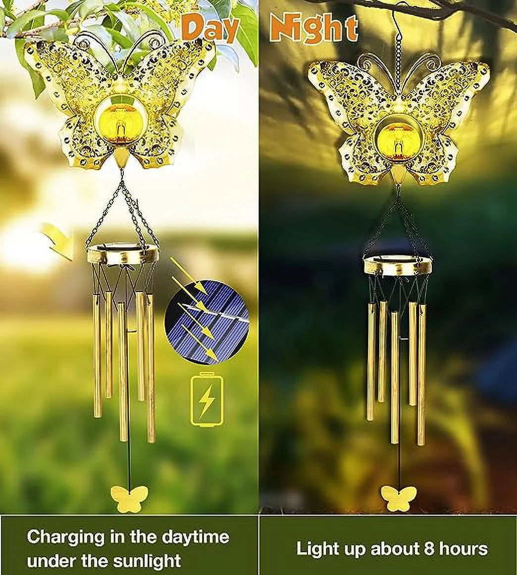 Butterfly Solar Wind Chimes for Outside,  Crackle Glass Ball Waterproof Wind Chimes Outdoor Clearance Deep Tone Garden Decor Chimes Butterfly Gifts for Women Windchimes Outdoors Unique