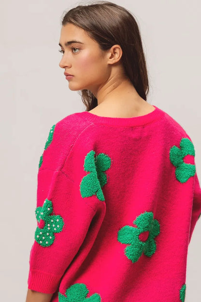 Pearl Beads Flowers Sweater Top