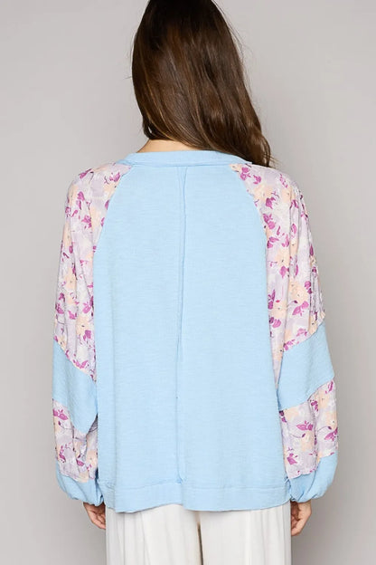 POL Clothing Round Neck Balloon Floral Long Sleeve Womens Top