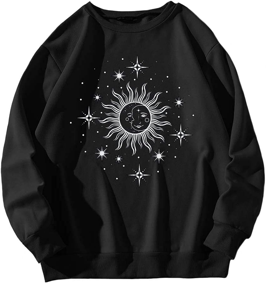 Women Long Sleeve Loose Sun Moon Print Pullover Top 90S round Neck Drop Shoulder Gothic Cute Graphic Sweatshirt (M, Black)