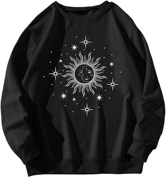 Women Long Sleeve Loose Sun Moon Print Pullover Top 90S round Neck Drop Shoulder Gothic Cute Graphic Sweatshirt (M, Black)