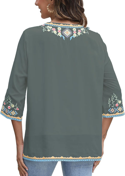 Mexican Embroidered Shirts for Women Bohemian Tops Peasant 3/4 Sleeve V Neck Shirt Tunic Blouses