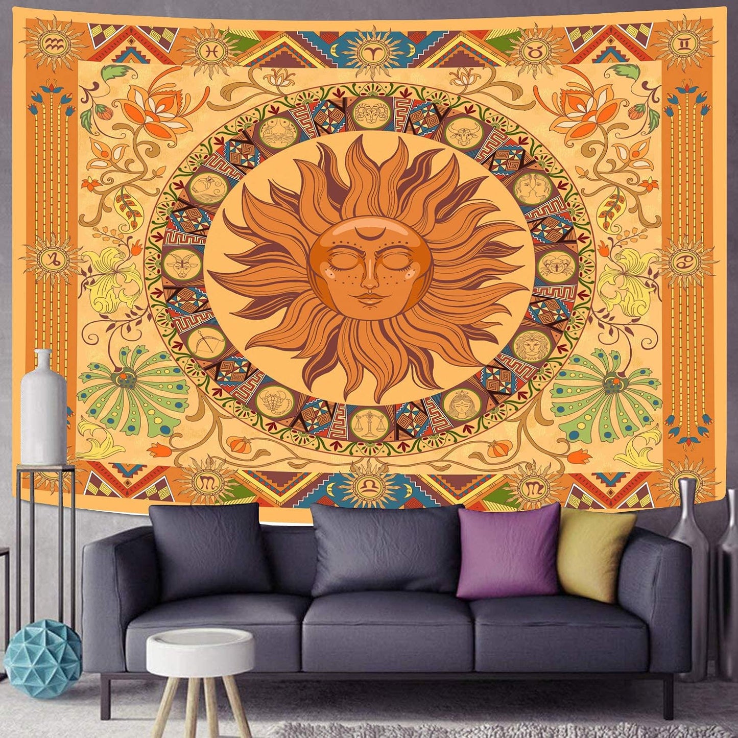 Hippie Tapestry Burning the Sun Tapestry Hippie, Zodiac Tapestries Astrology Tapestry for Bedroom Aesthetic, Flower Tapestry Wall Hanging,Orange Zodiac Sign Tapestry Flowers Vintage Tapestry