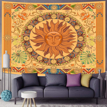Hippie Tapestry Burning the Sun Tapestry Hippie, Zodiac Tapestries Astrology Tapestry for Bedroom Aesthetic, Flower Tapestry Wall Hanging,Orange Zodiac Sign Tapestry Flowers Vintage Tapestry