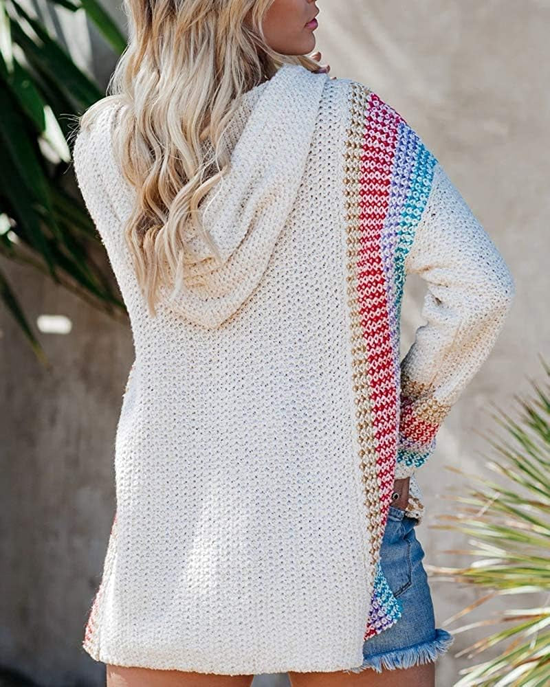 Women Boho Sweater Hooded Hoodie Baja Colorblock Pullover Striped V Neck Mexican Knit Christmas Sweatshirt