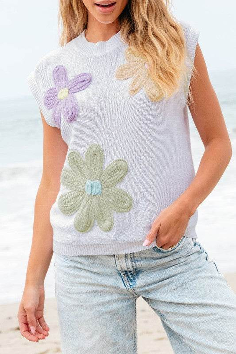 Hannah Crochet Flower Knit Short Sleeve Sweater To