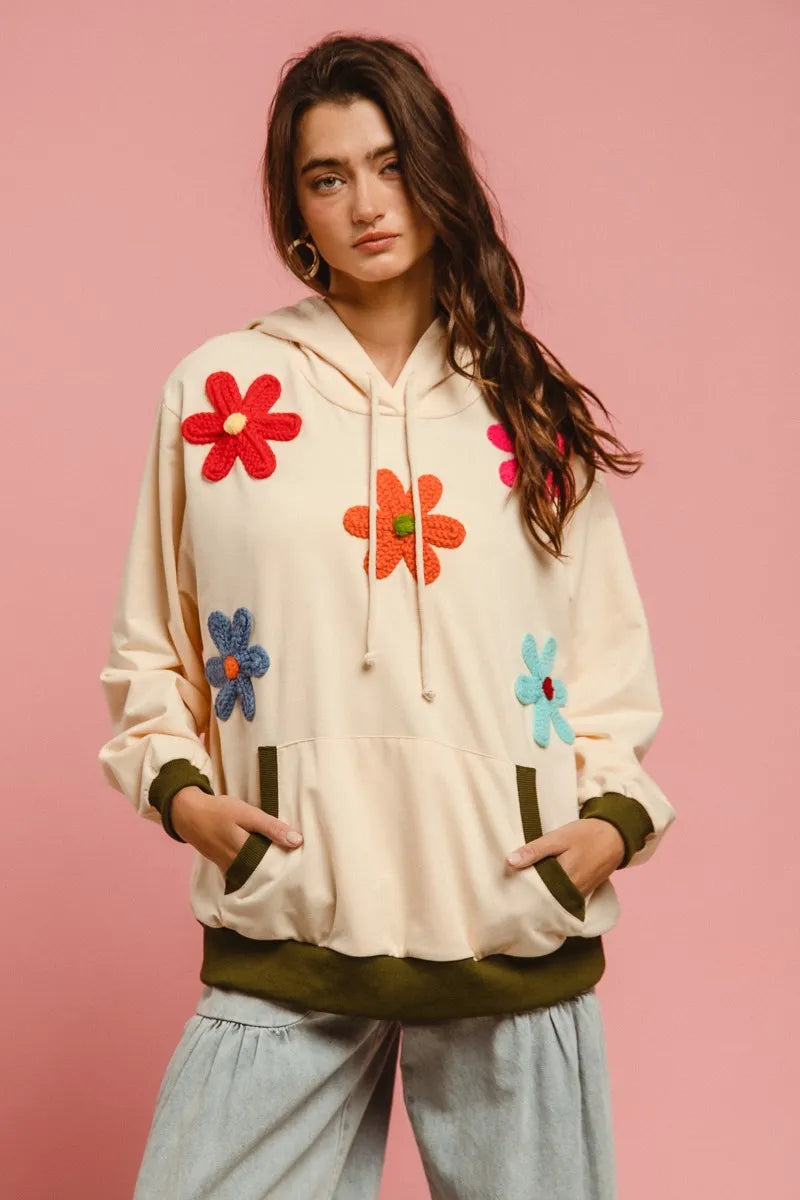 BiBi Patched Hoodie Top in Oatmeal