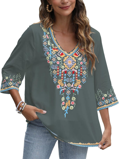 Mexican Embroidered Shirts for Women Bohemian Tops Peasant 3/4 Sleeve V Neck Shirt Tunic Blouses