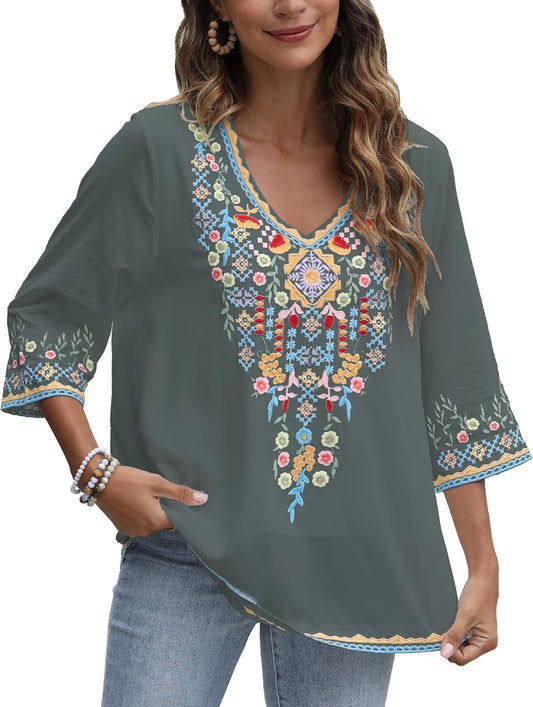 Mexican Embroidered Shirts for Women Bohemian Tops Peasant 3/4 Sleeve V Neck Shirt Tunic Blouses