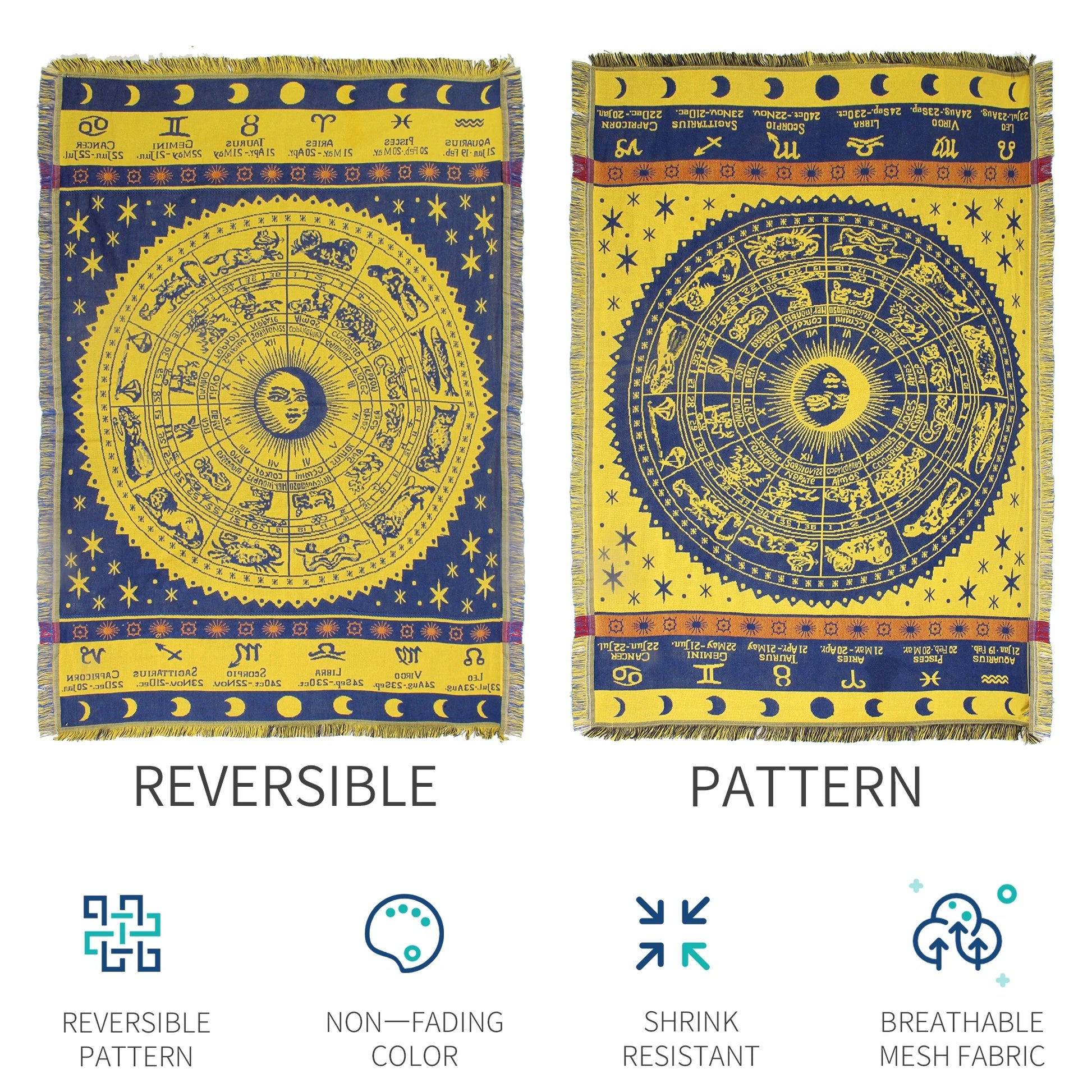 Zodiac Throw Blanketboho Hippie Woven Witchy Astrology Celestial Constellation Balnket for Home Decor, Double Side Cover Chair Sofa Couch(Yellow,S 51" X 71")