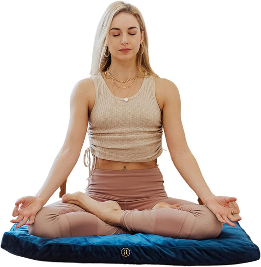 Velvet Zabuton Meditation Mat - Luxurious Meditation Cushion Floor Pillow - Zabuton Meditation Cushion Large - 100% Cotton Filling (Sapphire)