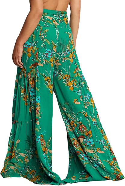 Women Beach Flared Palazzo Pants Summer Casual Loose Wide Leg Belted Boho Pants（Green, Small