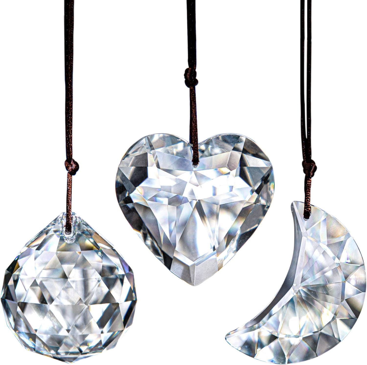 Clear Suncatcher Crystal Prism Ball Heart Moon Window Decor Ornament,Hanging Crystals Prisms for Car Garden,Pack of 3