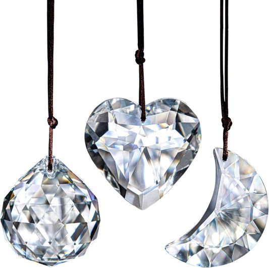 Clear Suncatcher Crystal Prism Ball Heart Moon Window Decor Ornament,Hanging Crystals Prisms for Car Garden,Pack of 3