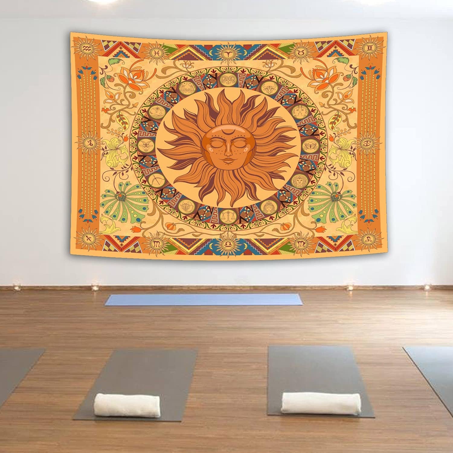 Hippie Tapestry Burning the Sun Tapestry Hippie, Zodiac Tapestries Astrology Tapestry for Bedroom Aesthetic, Flower Tapestry Wall Hanging,Orange Zodiac Sign Tapestry Flowers Vintage Tapestry