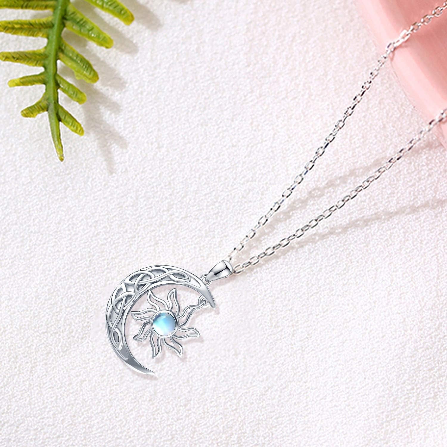 Crescent Moon and Sun Necklace 925 Sterling Silver Moonstone Pendant Necklace Celtic Jewelry Gift for Women