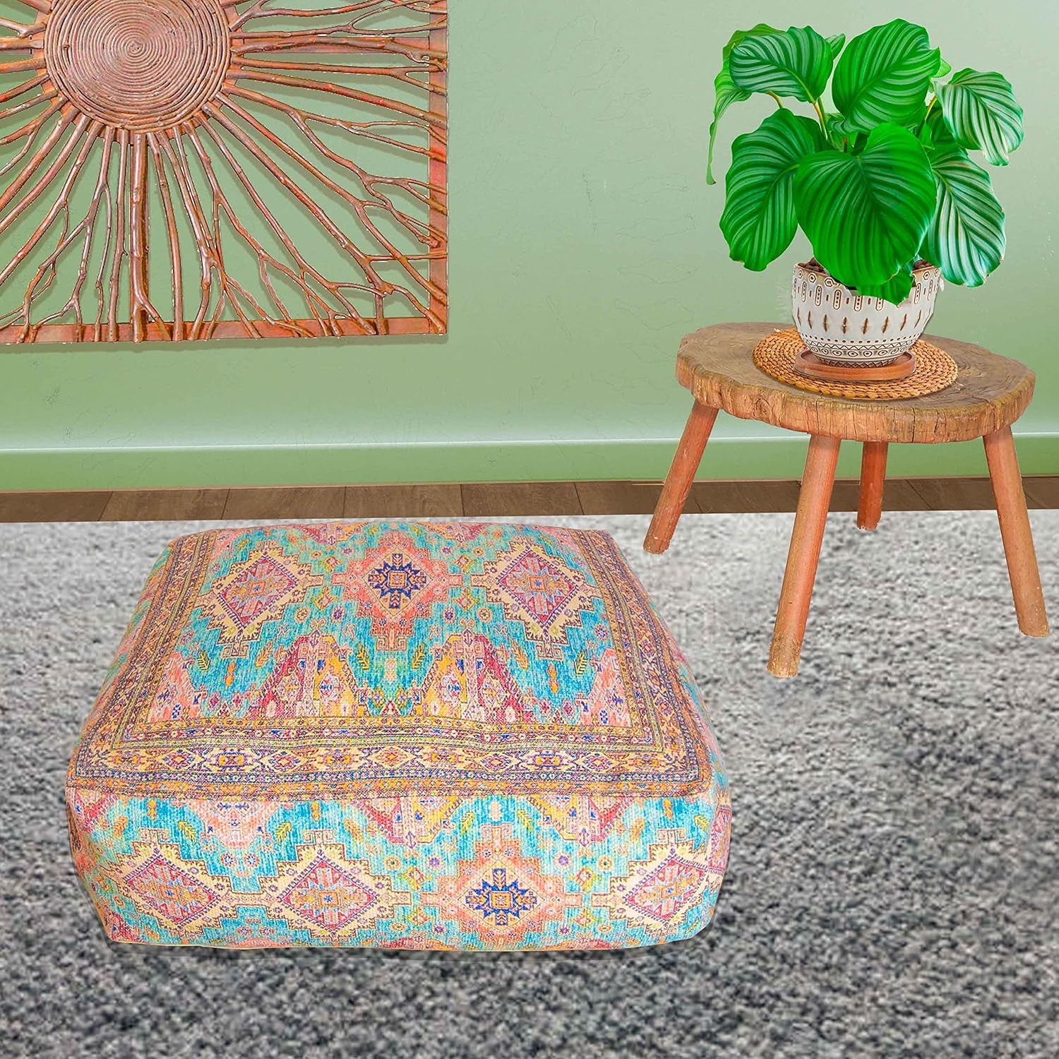 Boho Chic Outdoor Floor Cushion Cover - 24X8 Inches - Square Pillow Case for Garden Party, Pool, Balcony, Patio and More