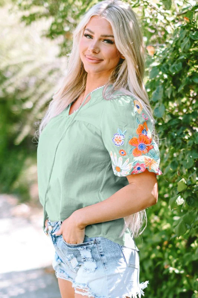 Reya Floral Embroidered Puff Sleeve Split Neck Blo