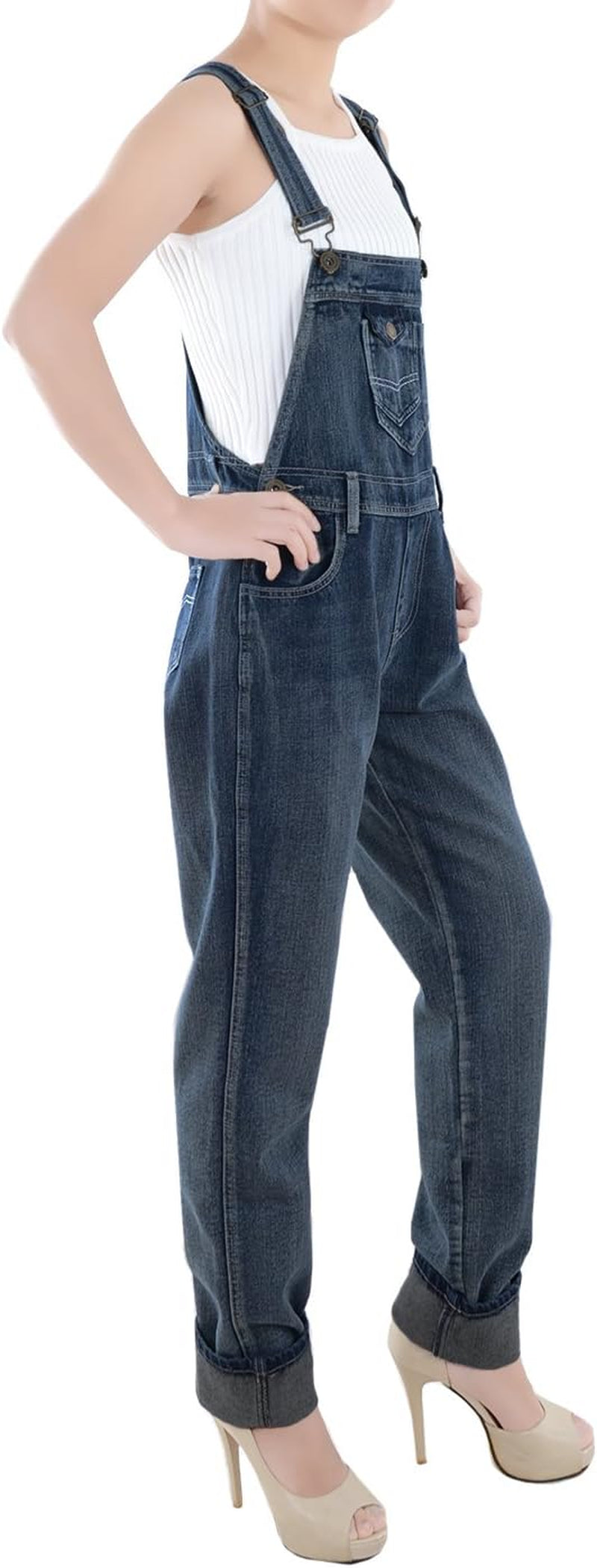 Womens Vintage Wash Straight Leg Denim Overalls with Pocket Bib