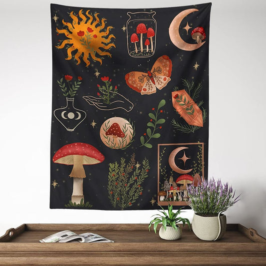 Botanical Mushroom Tapestry Wall Hanging Floral Sun Moon Starry Chart Wall Tapestry Bohemian Tapestries for Badroom Home Decor (51X59Inch)