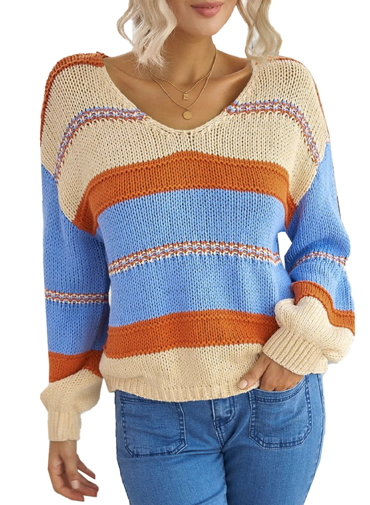 Womens Loose V Neck Sweater Oversized Ladies Color Block Knitted Tops Lantern Sleeve Pullover Shirts M 8-10
