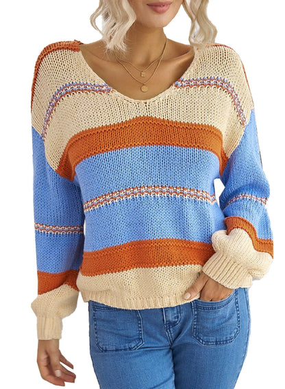 Womens Loose V Neck Sweater Oversized Ladies Color Block Knitted Tops Lantern Sleeve Pullover Shirts M 8-10