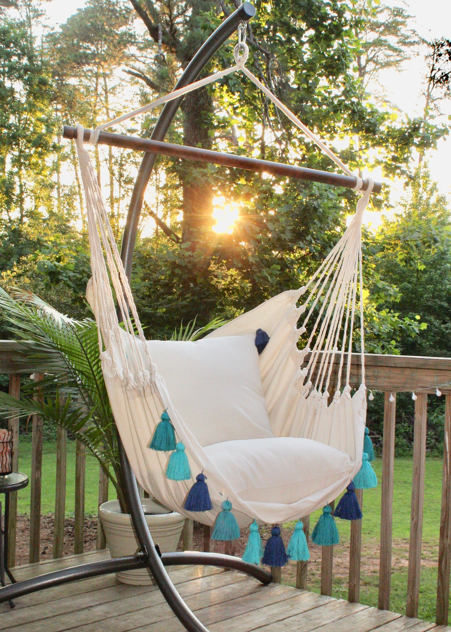 Blue Boho Hammock Chair Swing with Tassels | LILY