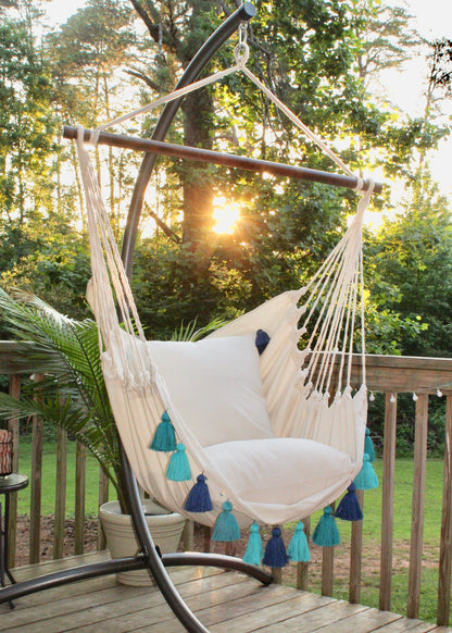 Blue Boho Hammock Chair Swing with Tassels | LILY