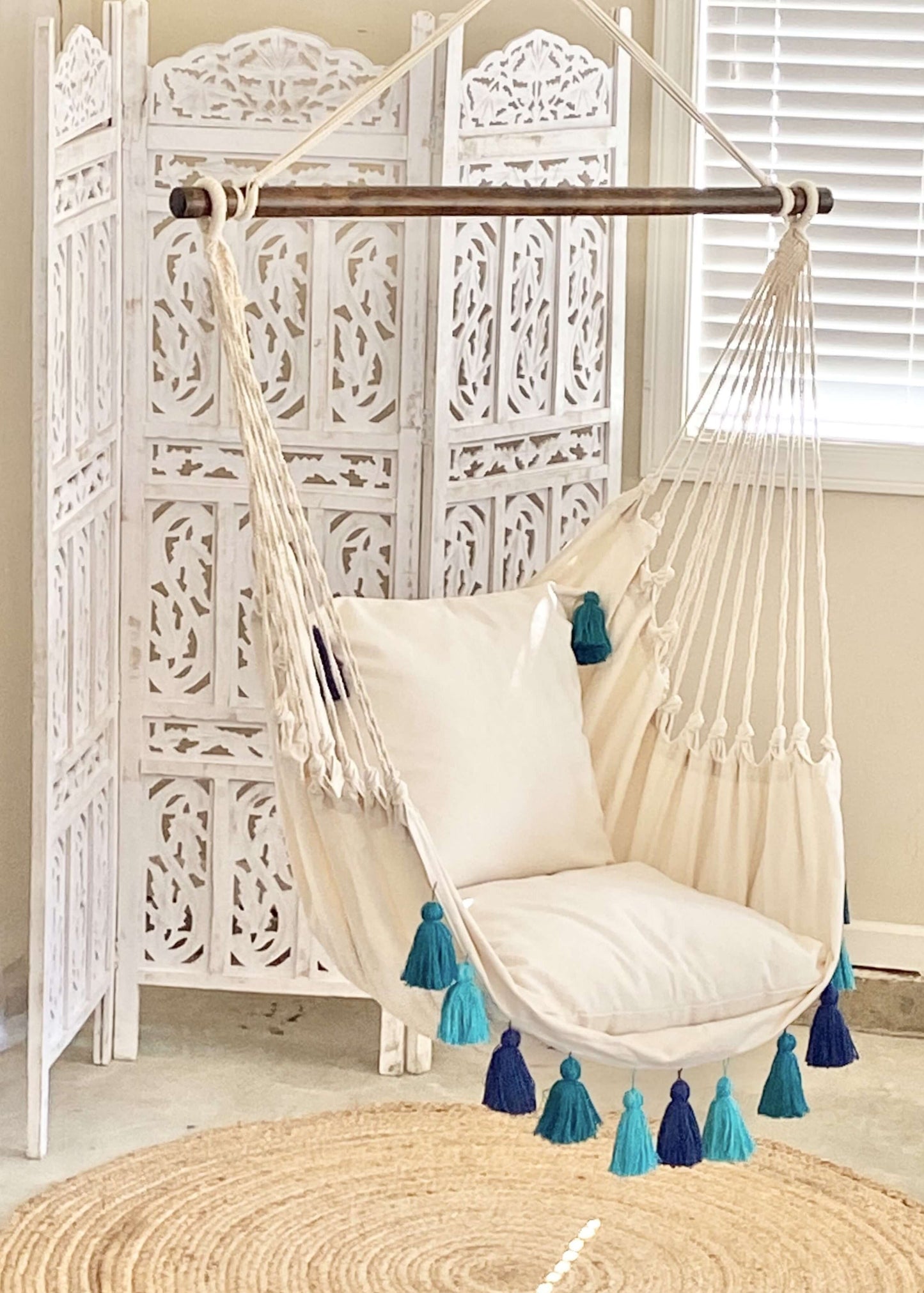 Blue Boho Hammock Chair Swing with Tassels | LILY