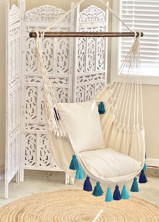 Blue Boho Hammock Chair Swing with Tassels | LILY