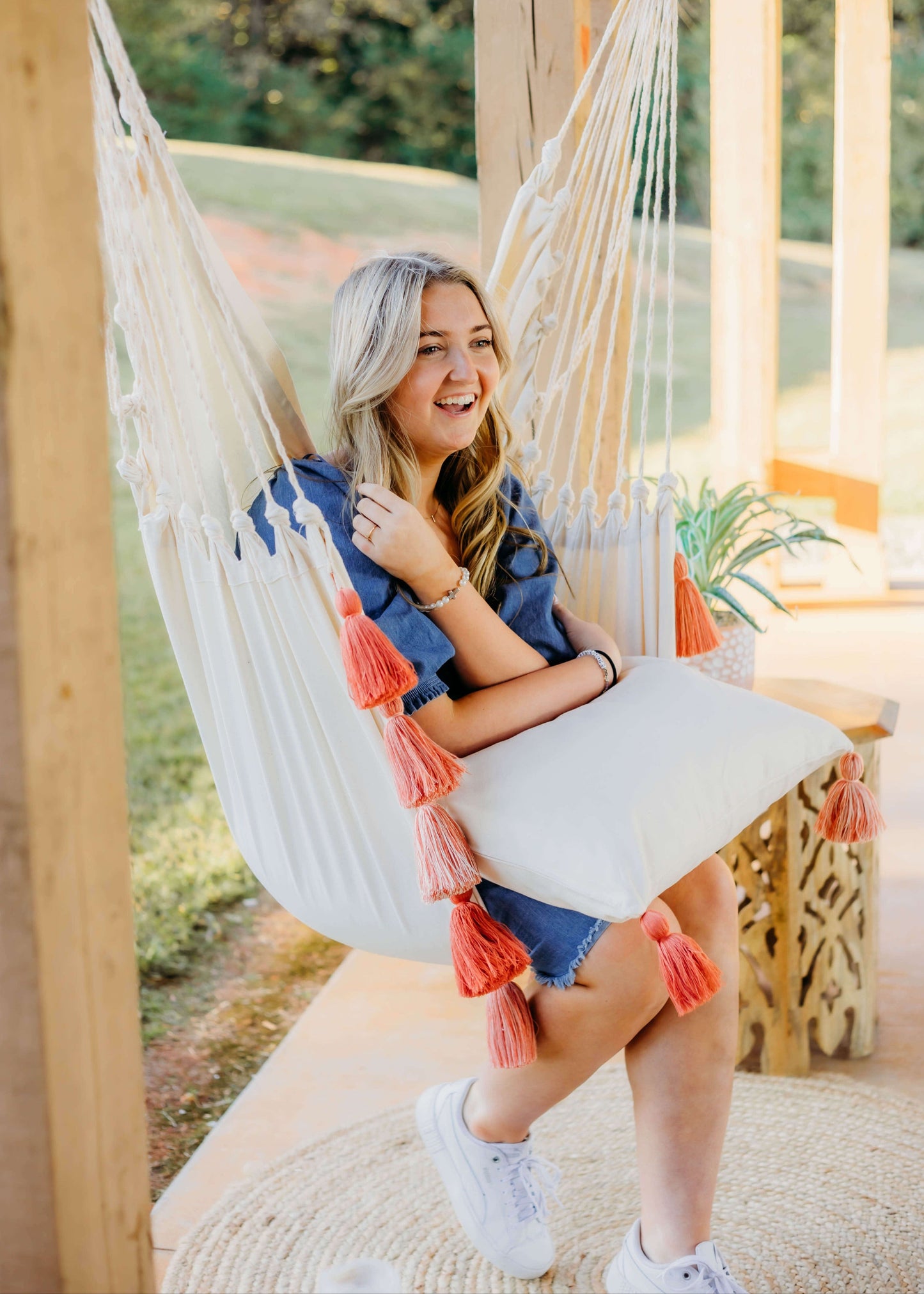 Pink Boho Hanging Hammock Chair Swing with Tassels | LILY